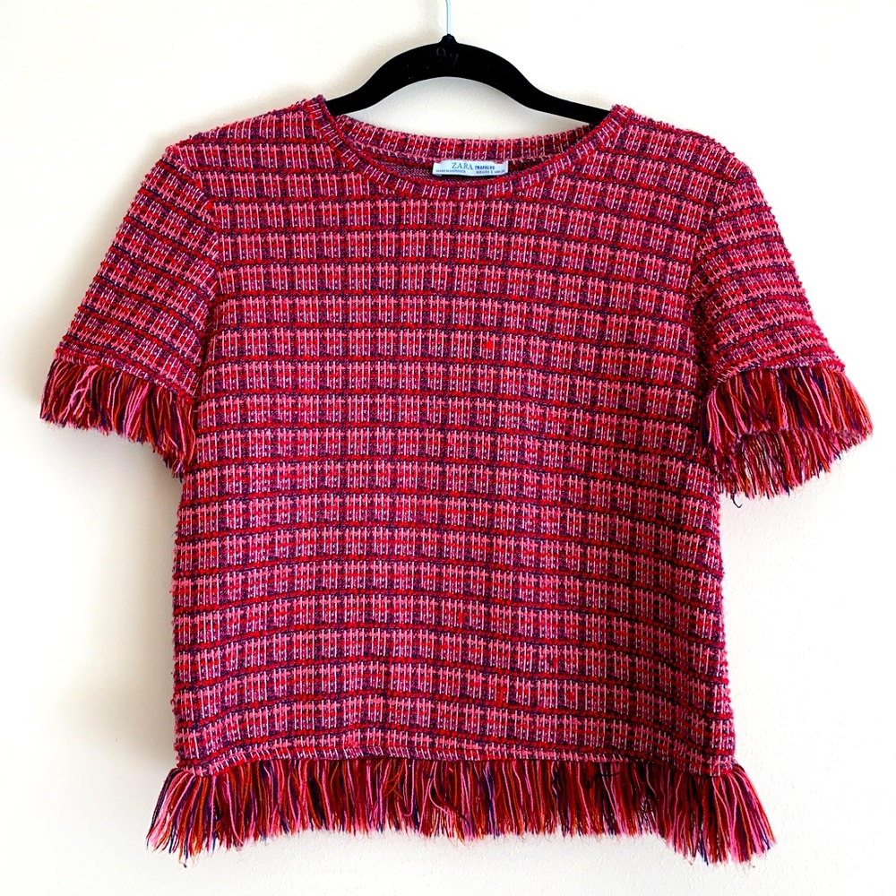 Zara Cropped Plaid Tweed Top fringe hem